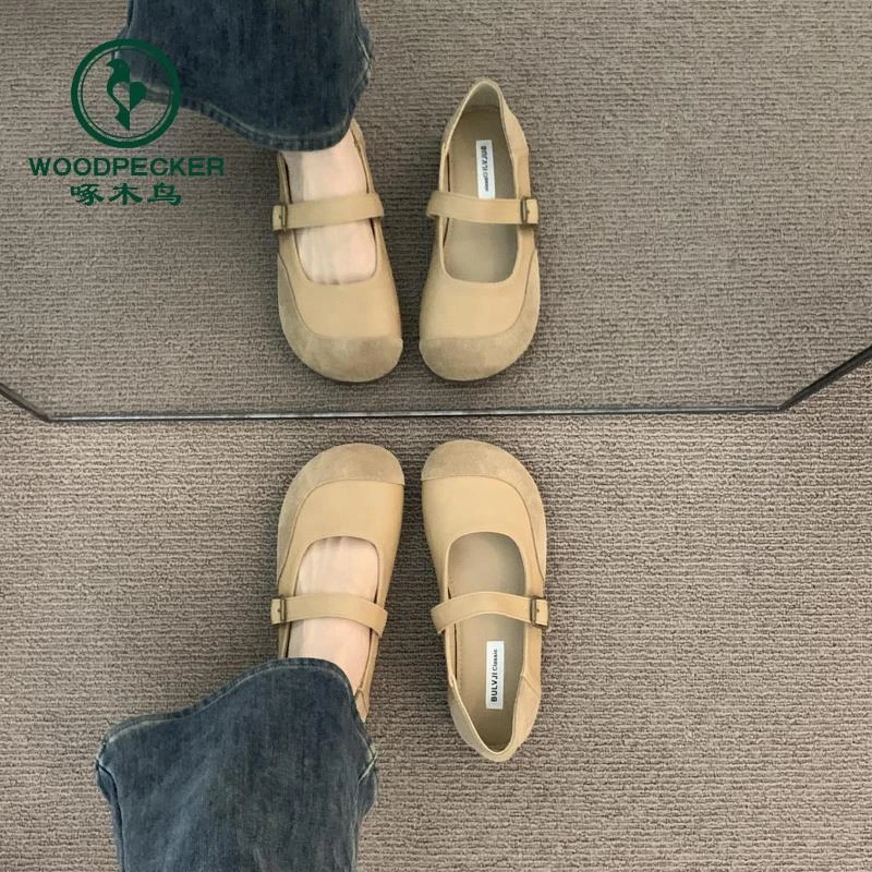 啄木鸟复古玛丽珍单鞋日系圆头女2025年新款勃肯鞋平底软底奶奶鞋