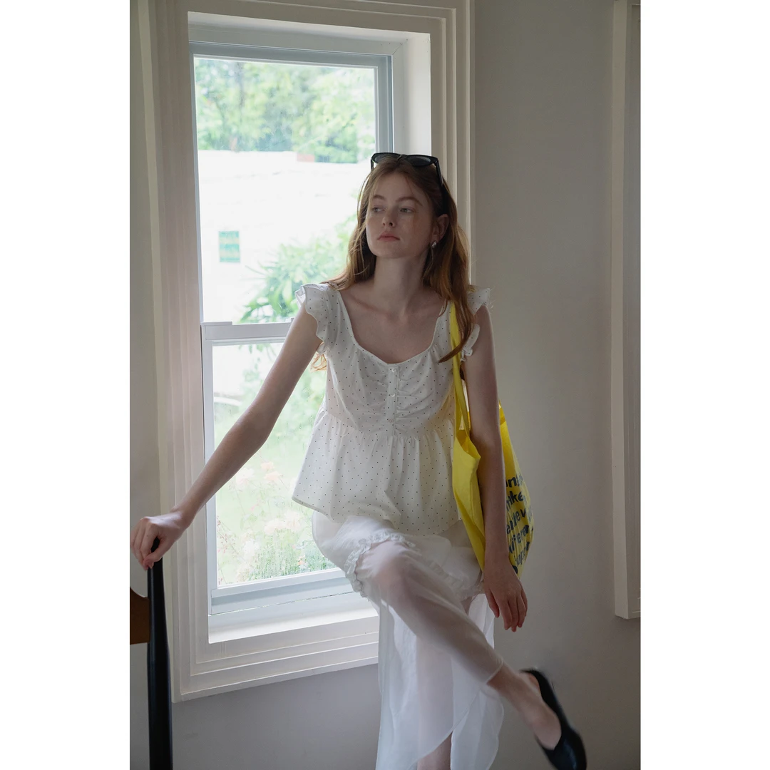 EGGKA 荷叶边小飞袖波点娃娃衫女休闲气质衬衫上衣E25A6525AF