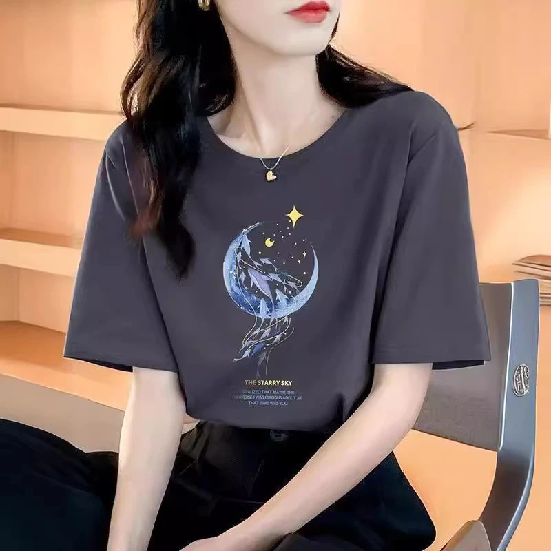 2025夏季新款圆领印花短袖t恤女海豚印花上衣设计感显瘦半袖女