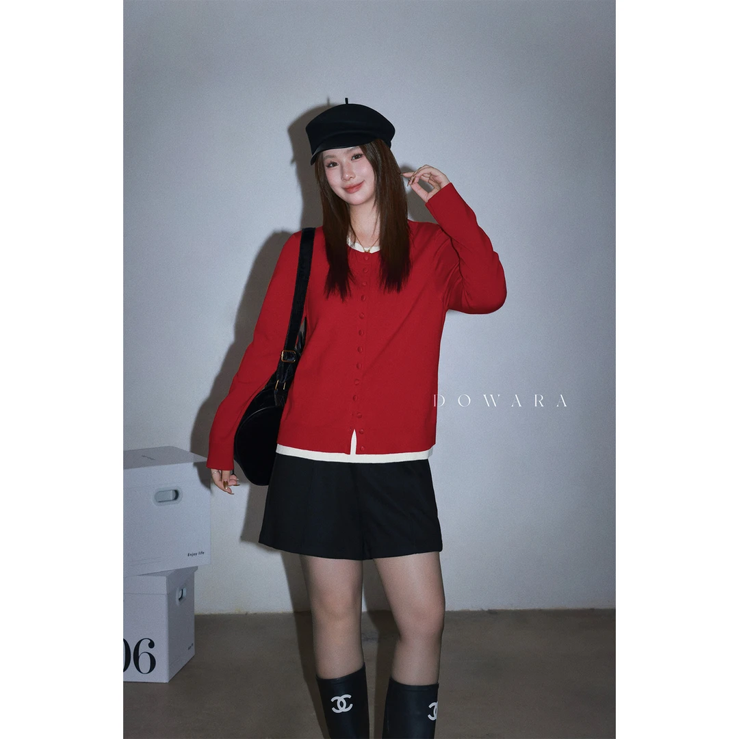 现货大婉酱微胖定制【首尔美院】冬季绒感显瘦毛织开衫女上衣 0529D