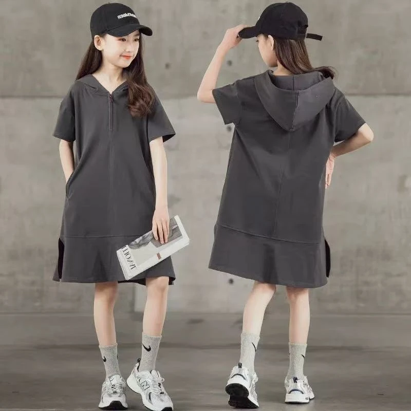 504337   韩版精选女童时尚休闲洋气夏季纯色连帽T裙