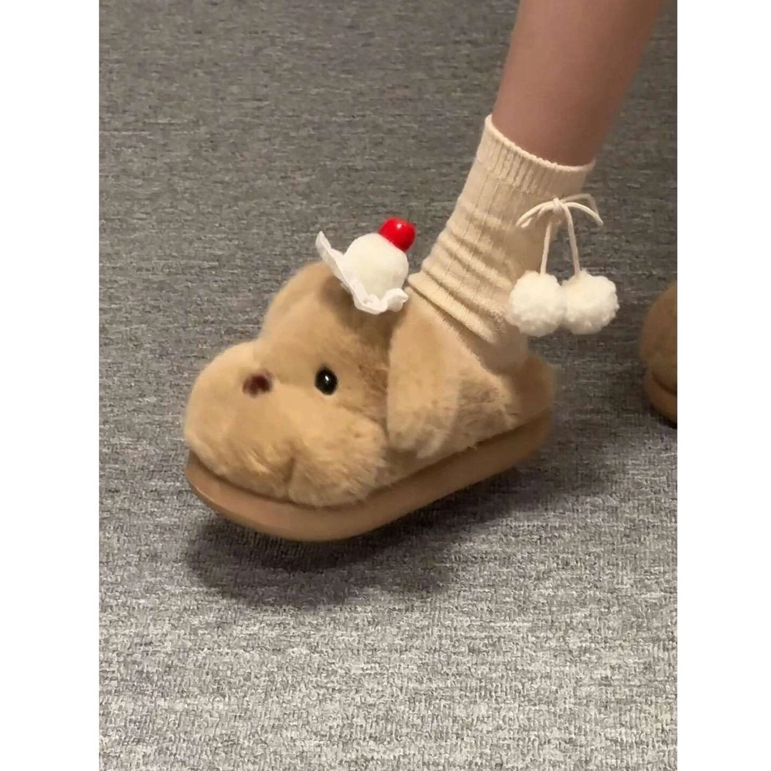 FAVMARTHA室内女童家居毛毛拖鞋女孩爆款冬季可爱蛋糕小狗棉鞋女