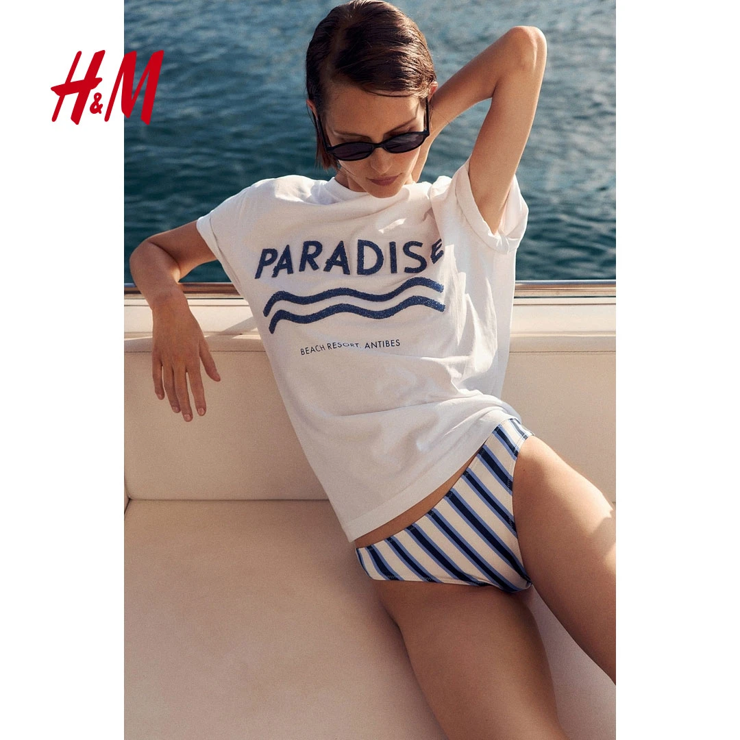 HM女装T恤2025夏季新款宽松字母印花美式圆领休闲短袖上衣1274171