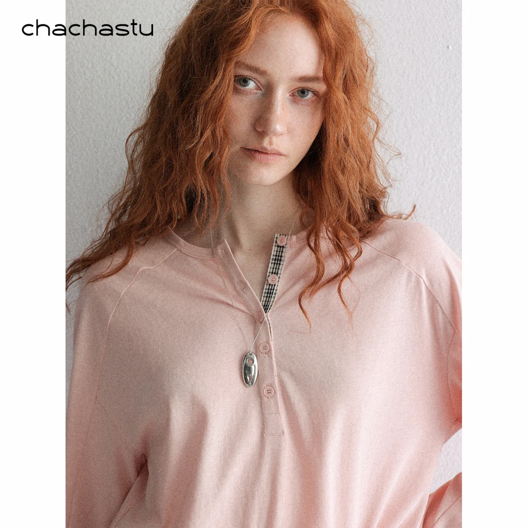 CHACHASTU【冬】Polo撞黑杏格子 纸片人版型舒适实穿长袖T恤ZRS1933