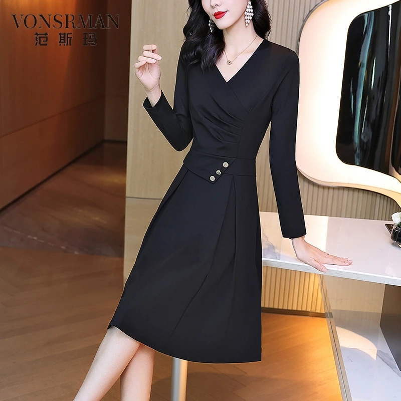 连衣裙秋季2025新款长袖V领a字裙修身气质赫本小黑裙礼服秋季裙子