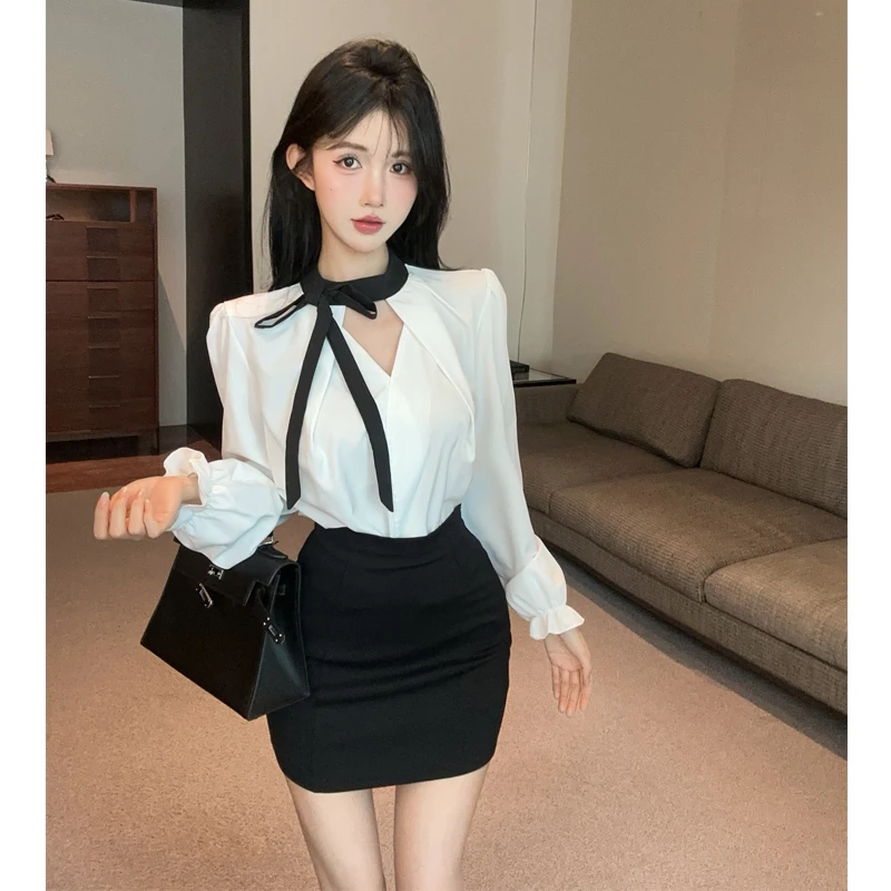法式气质赫本早晨黑白衬衫气质显瘦上衣套装高腰包臀短裙两件套