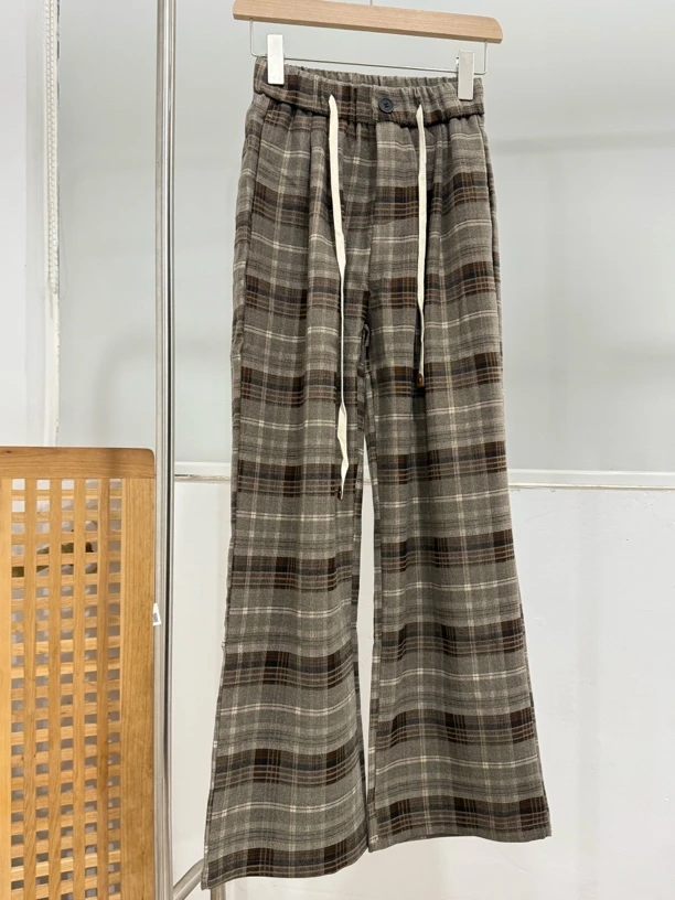 抽绳格纹设计感百搭直筒休闲裤女裤子