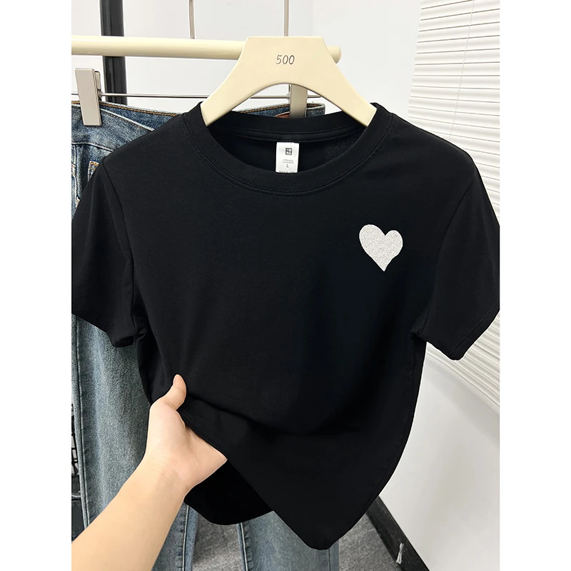 韩版设计感小众爱心印花短袖T恤女女士夏季新款正肩圆领显瘦上衣
