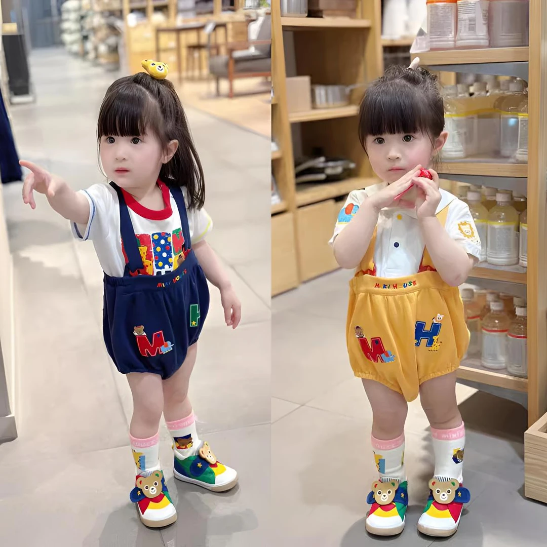 (现货)mk小童背带田鸡短裤 男女宝绣花可爱百搭黄蓝开扣背带裤