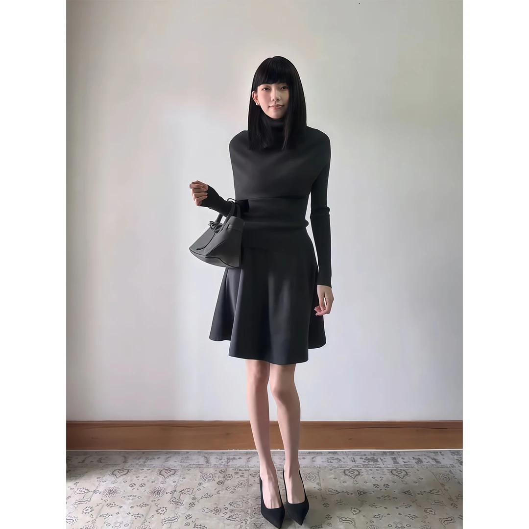 韩系纯欲披肩长袖上衣女2025秋冬新款休闲百搭御姐风气质裙子套装