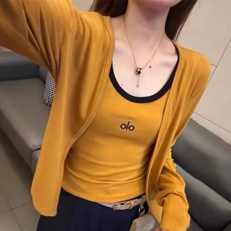 美美服装店8528秋季新款洋气百搭刺绣吊带背心+长袖开衫两件套