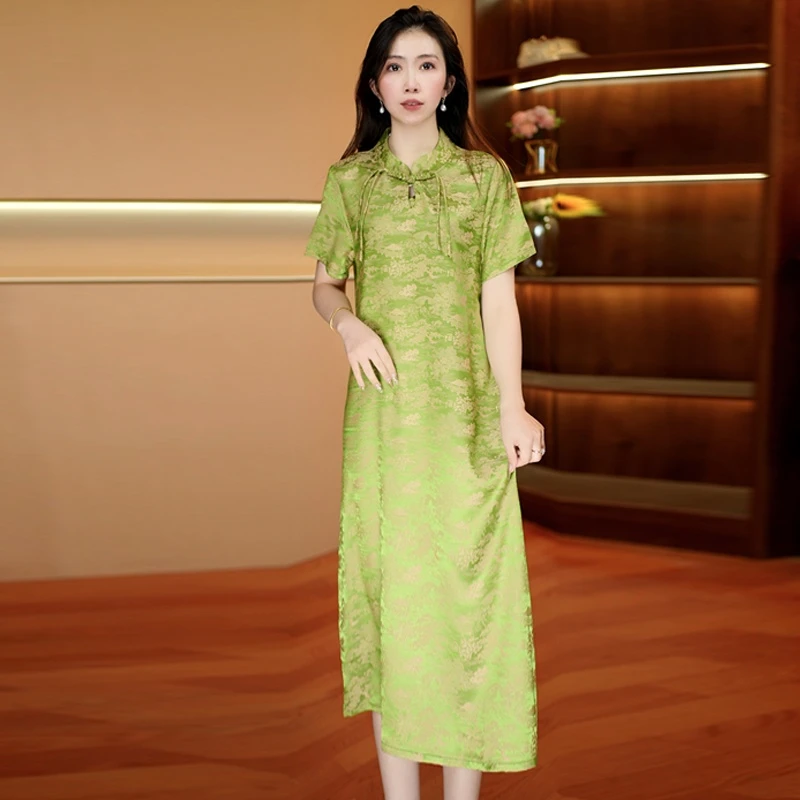 雅纹轻罗  气质中长款时连衣裙百搭遮肉裙子