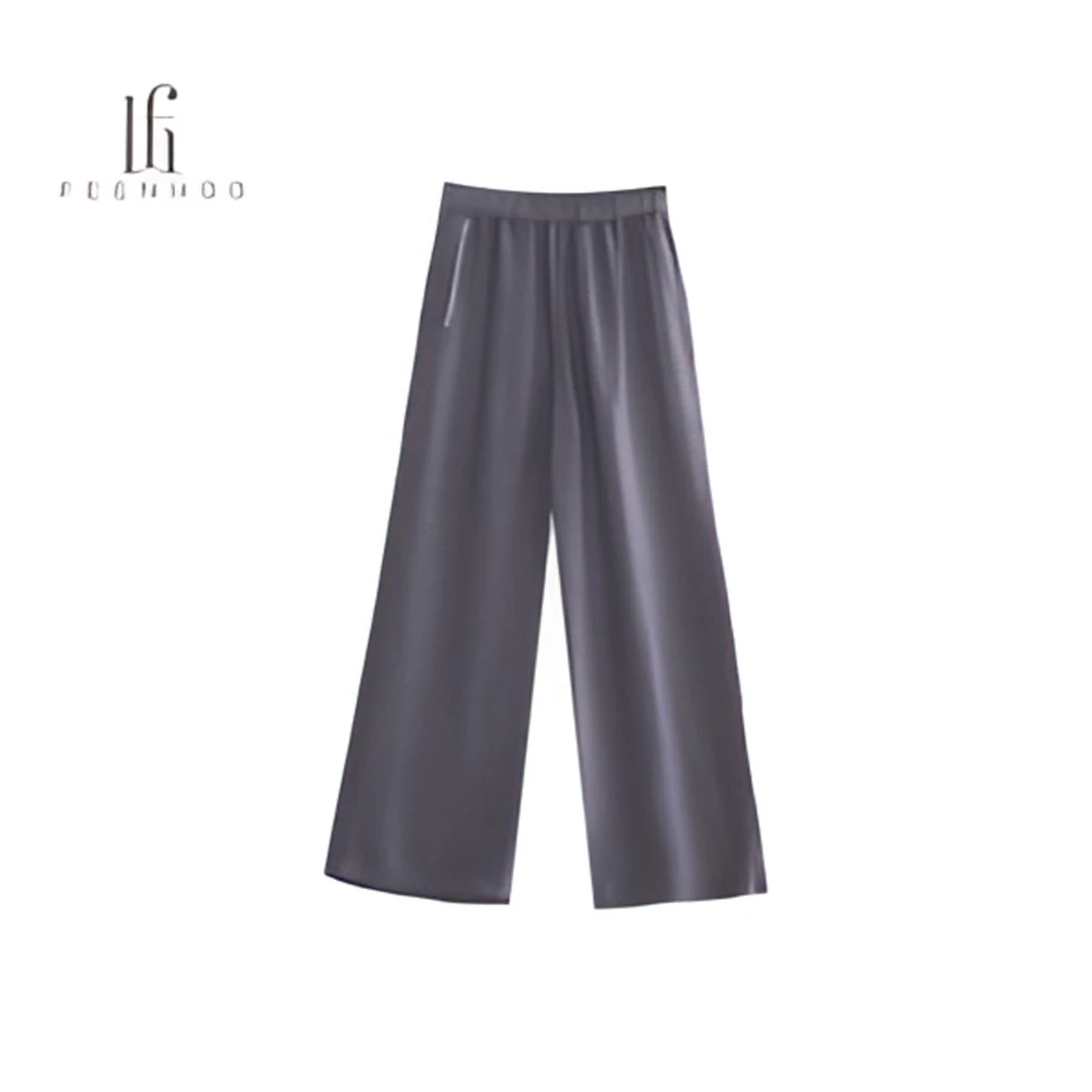 黑色直筒下垂感裤子中腰阔腿裤时尚高腰休闲裤长裤53KM3180