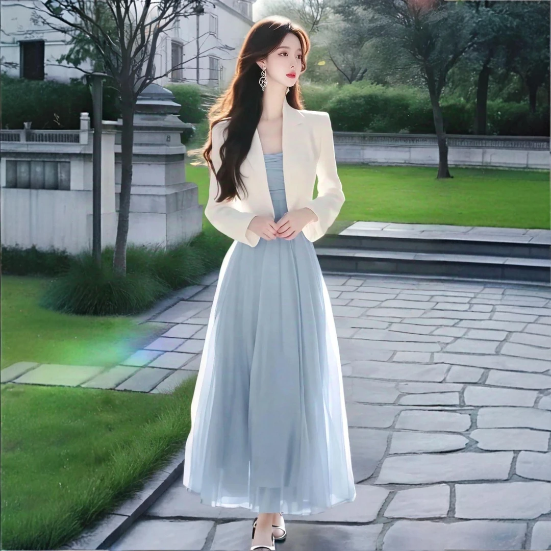 2025春季轻奢高级感超好看独特漂亮白色西装外套蓝色连衣裙套装女