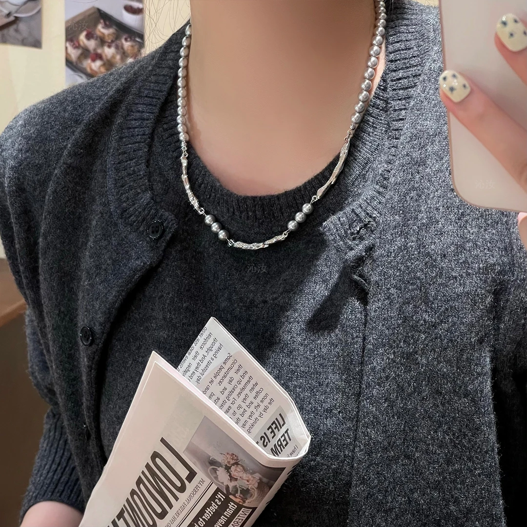 F624珠珠简约不规则拼接项链精致百搭气质毛衣链
