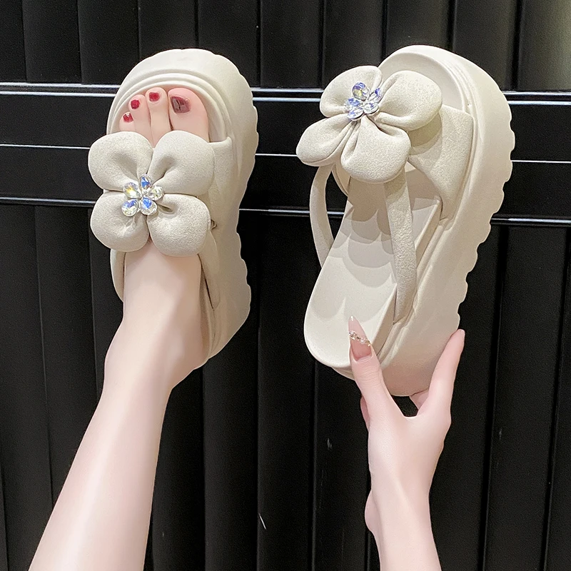 8cm厚底花朵一字拖鞋女2025新款夏季外穿小个子增高松糕凉拖鞋潮