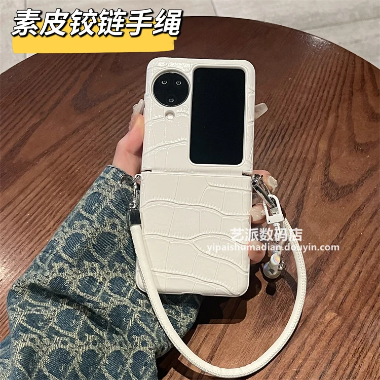 适用oppofindn3flip手机壳皮质鳄鱼纹蝴蝶结挂绳全包铰链保护套女