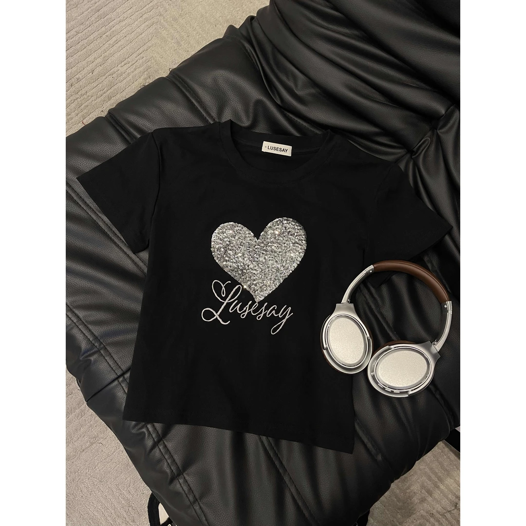LUSESAY 亮片字母爱心 2025新款重工短袖T恤女百搭时尚上衣ins潮