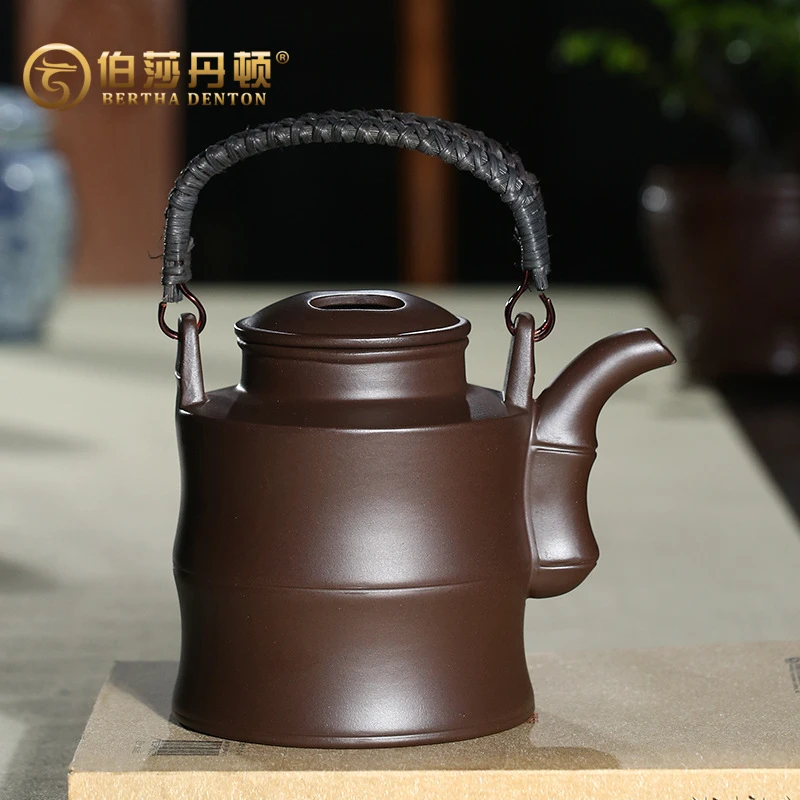 BERTHA DENTON/伯莎丹顿洋桶紫砂壶宜兴原矿紫泥竹段提梁壶手工