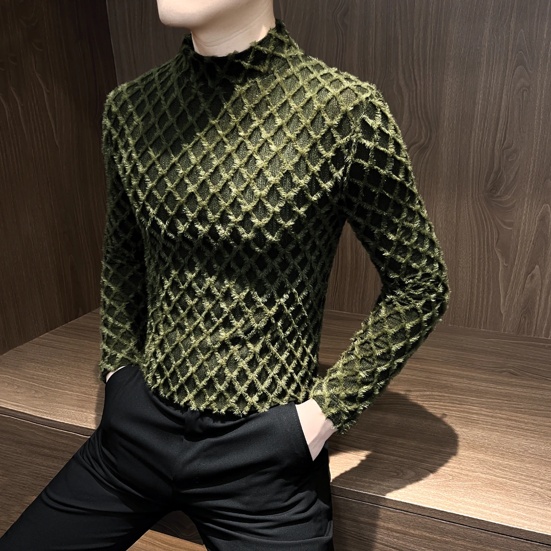 半高领菱形格打底衫男款爆款2025新款秋冬时尚潮流高级感长袖T恤