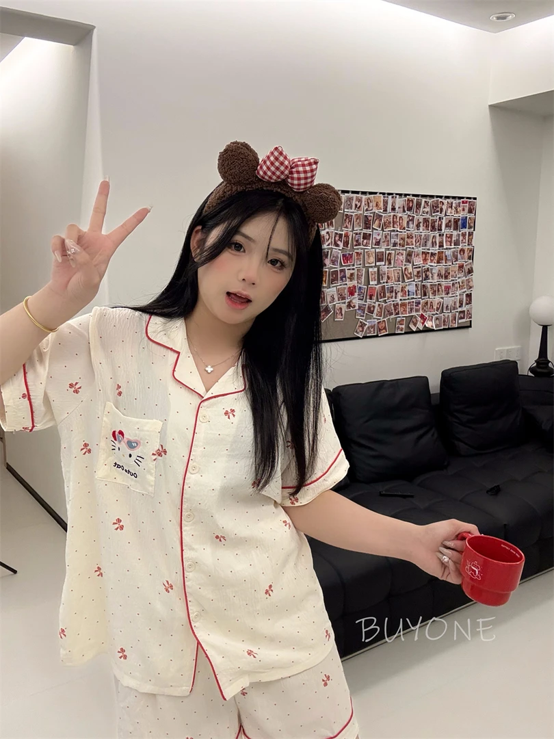 【温柔凯蒂】大码睡衣女胖MM200斤短袖短裤云朵棉波点蝴蝶结KT