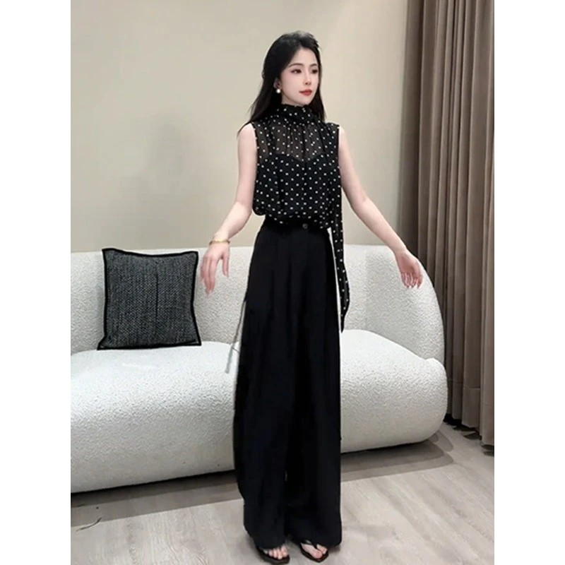 2025夏季新款小众设计感气质波点飘带无袖短上衣黑色阔腿裤套装女