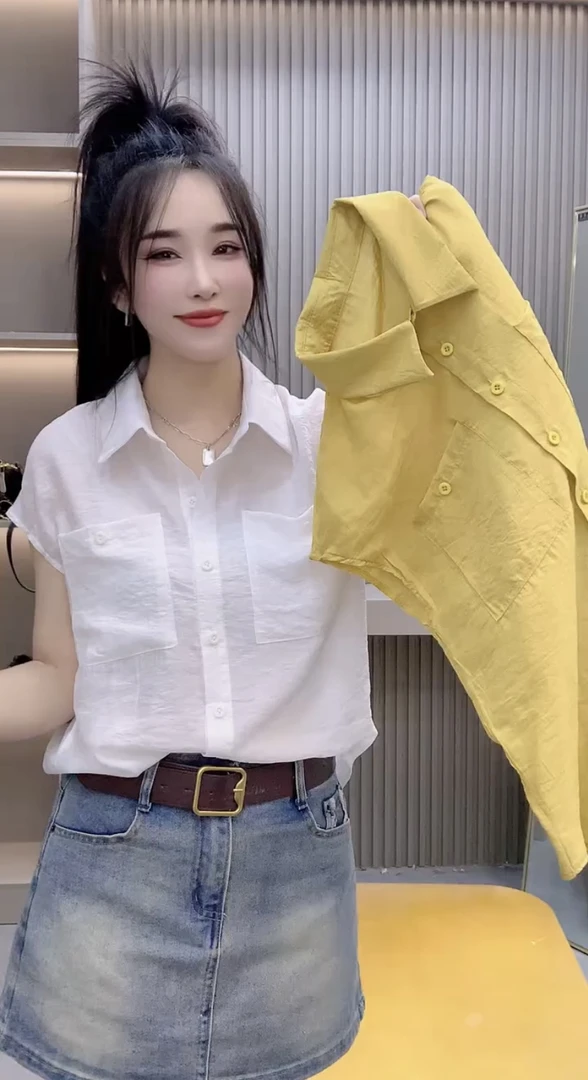 欧洲站2025夏季新款纯色拼接纽扣polo领衬衫女时尚洋气百搭上衣潮