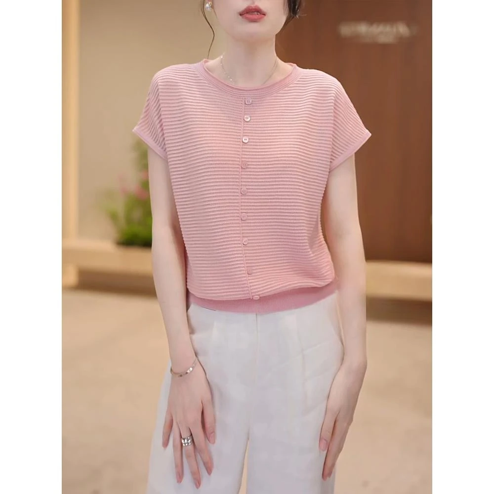 粉色坑条冰丝短袖针织t恤女2025夏季新款蝙蝠袖纽扣设计宽松上衣
