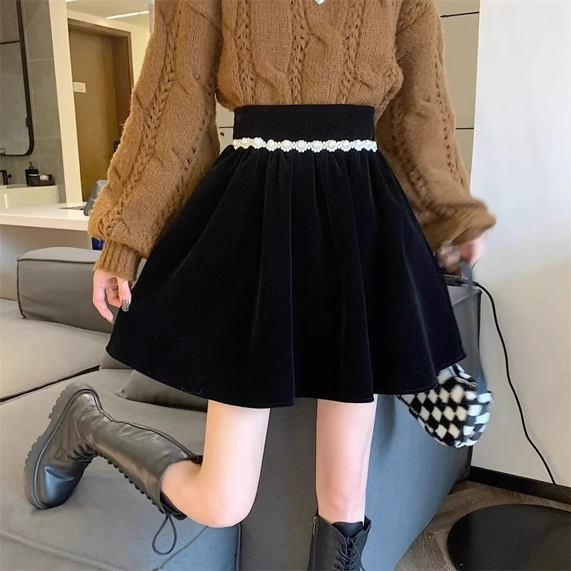 女士秋冬显瘦黑色金丝绒高腰百褶a字短蓬蓬西装半身裙裙子A字短裙