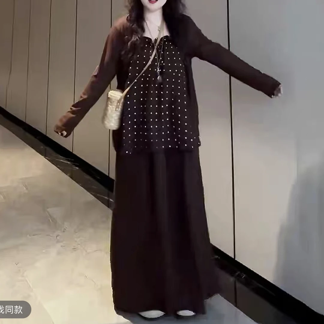 2025秋季新款韩系百搭长袖开衫波点吊带背心垂感休闲裤时尚套装女