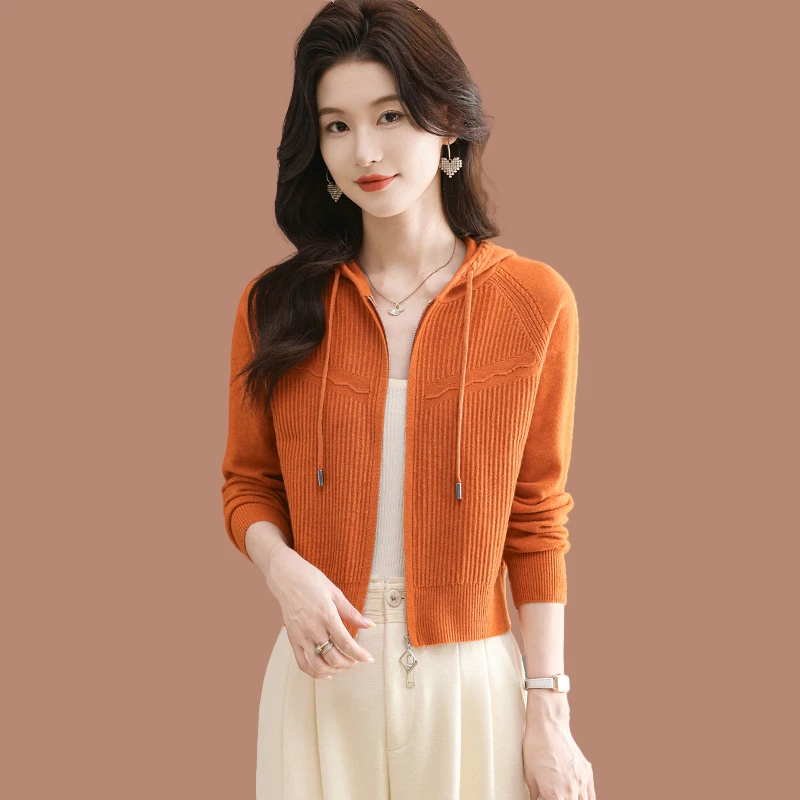 鄂尔多斯市100羊毛衫女士高腰短款毛衣外套春秋针织开衫连帽外搭