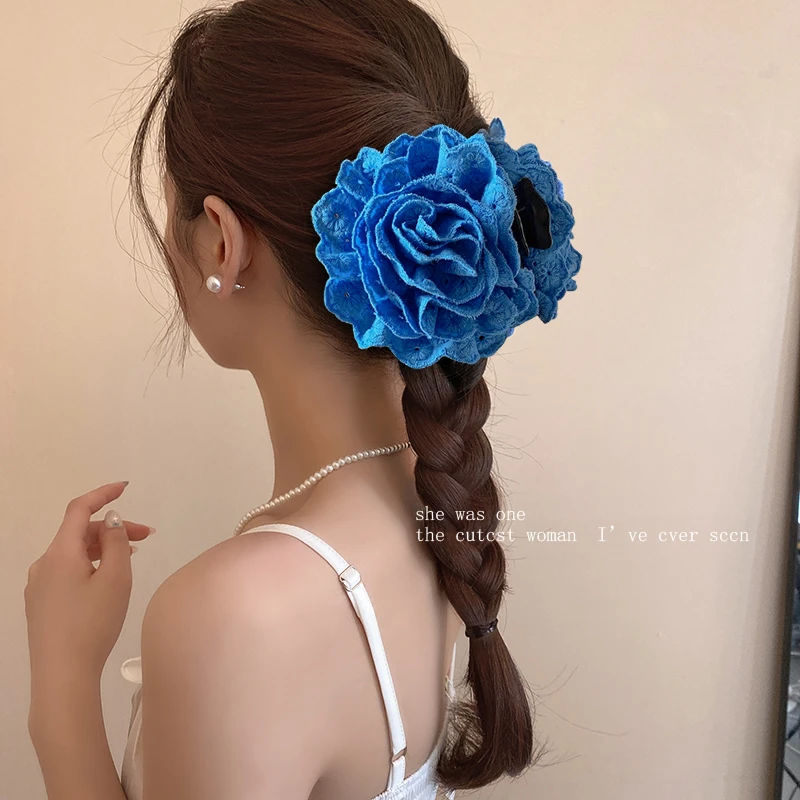 高级感蓝色蕾丝玫瑰花抓夹女后脑勺盘发鲨鱼夹子发卡法式气质头饰