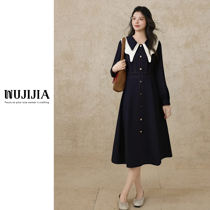 【五季家大码】气质收腰藏青色显瘦遮肉长袖连衣裙长裙秋冬ZL53971