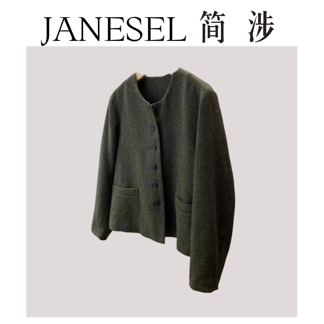 【刘小胖】复古贵牌 深茶绿小圆领单排扣羊毛呢短款外套女 有内衬