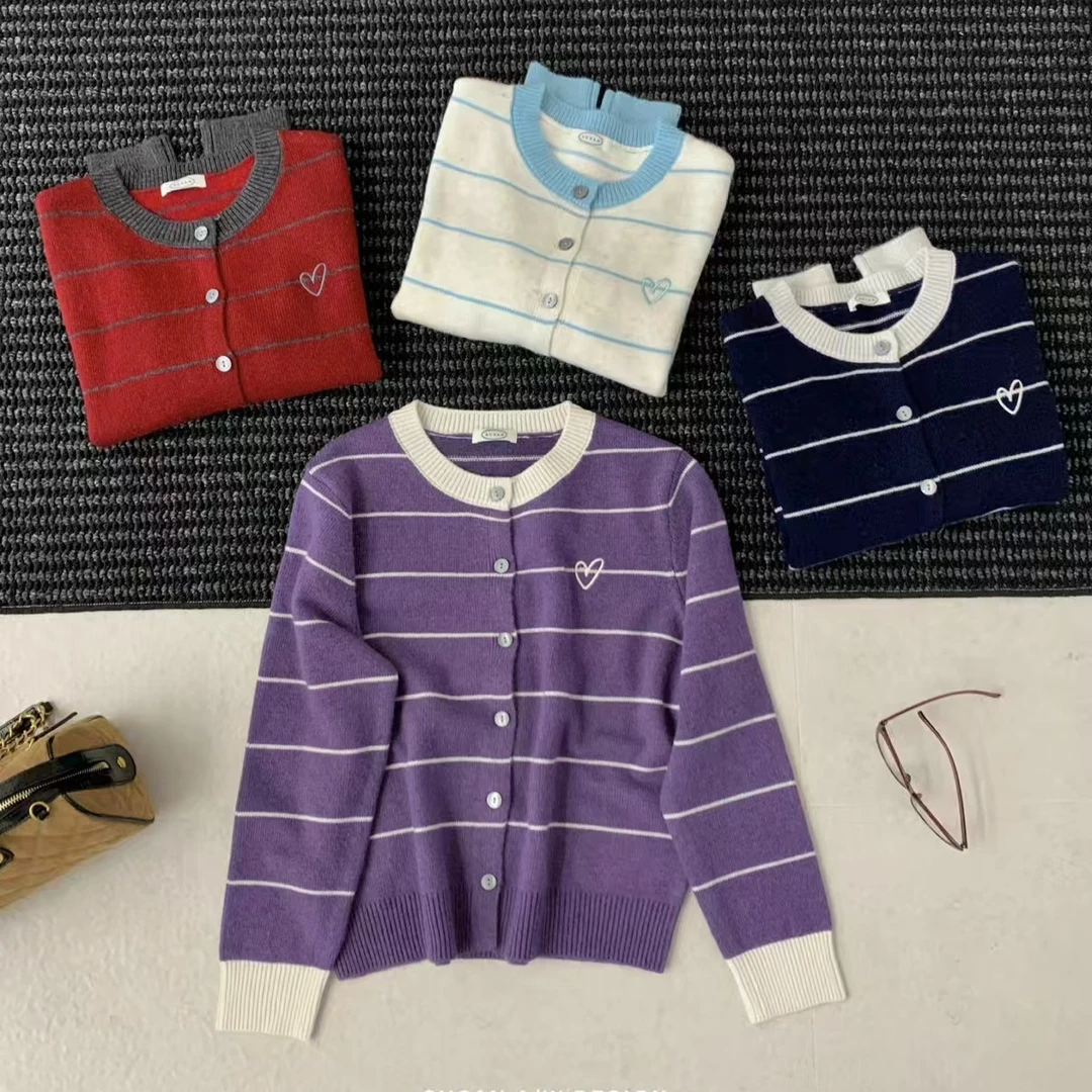 2025秋冬季新款韩版条纹爱心针织开衫针织衫毛衣女宽松上衣27556