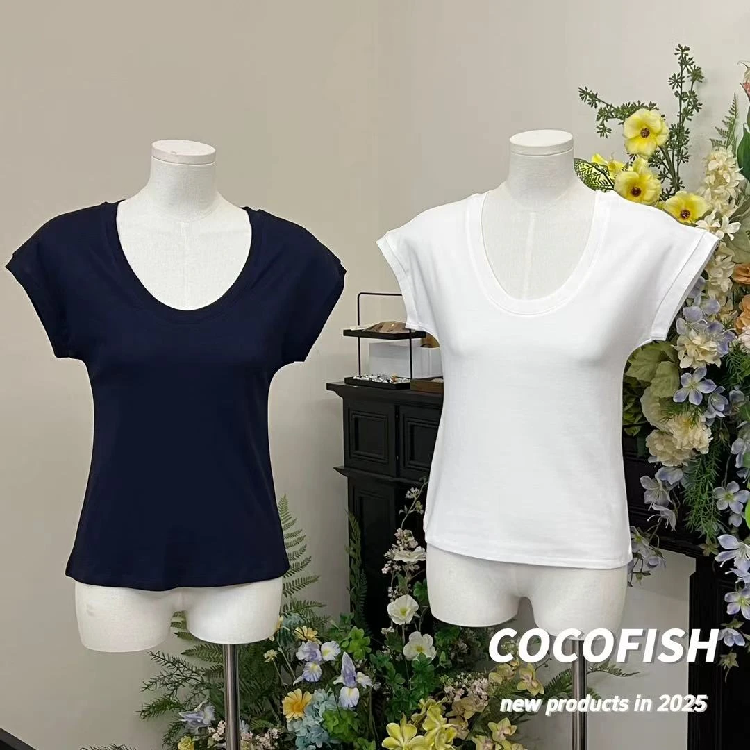 U领正肩短袖T恤修身显瘦小飞袖百搭上衣#10732