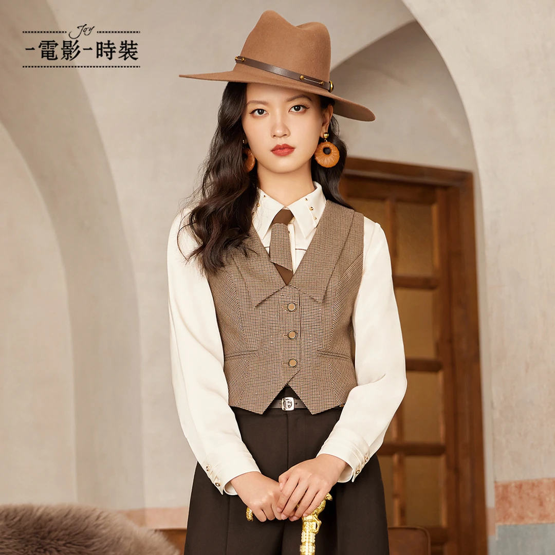 【蜜思仝】一电影一时装修身格纹短款马甲女学院风FEAG134591