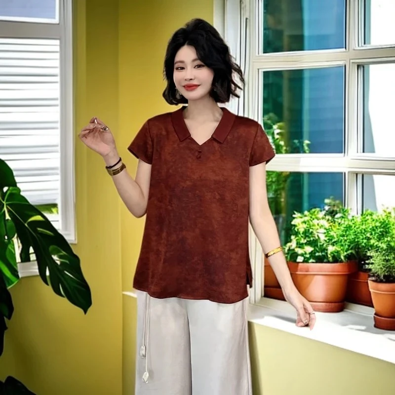 夏季翻领宽松遮肉显瘦中老年气质短款上衣金光闪闪