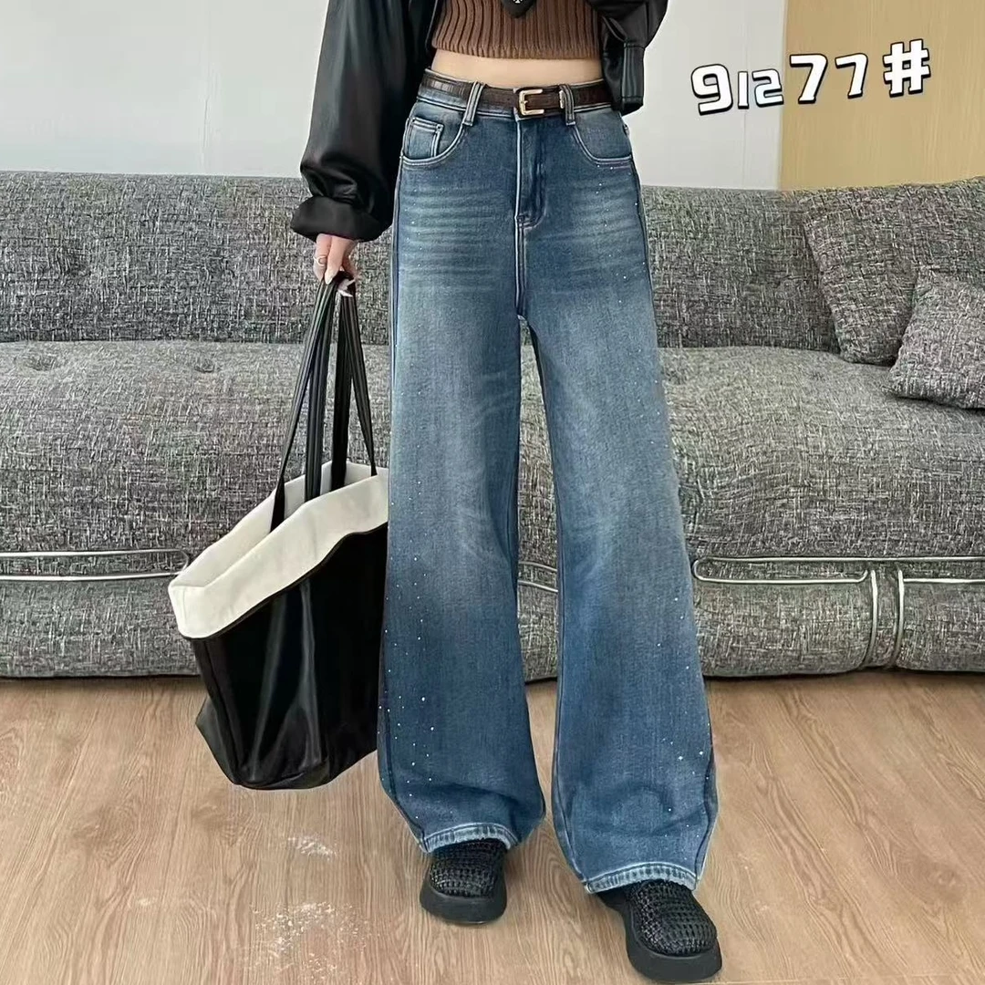 密密绒91277烫钻显瘦窄版阔腿牛仔裤（裤长103左右 ）