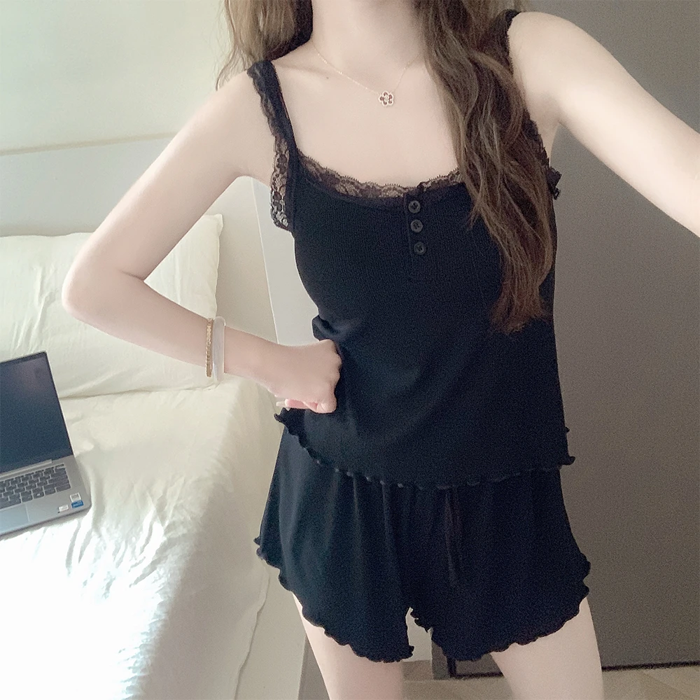 【带胸垫一体】吊带分体睡衣女款夏季薄款莫代尔纯色家居服短裤套装