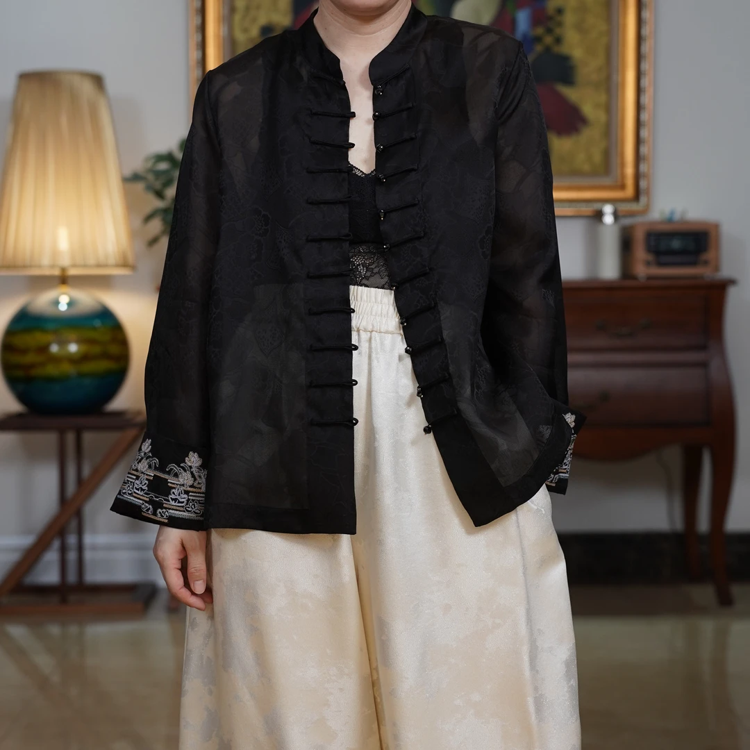 『墨玉』复古中国风黑色桑蚕丝重工刺绣气质百搭衬衣-P5K6591