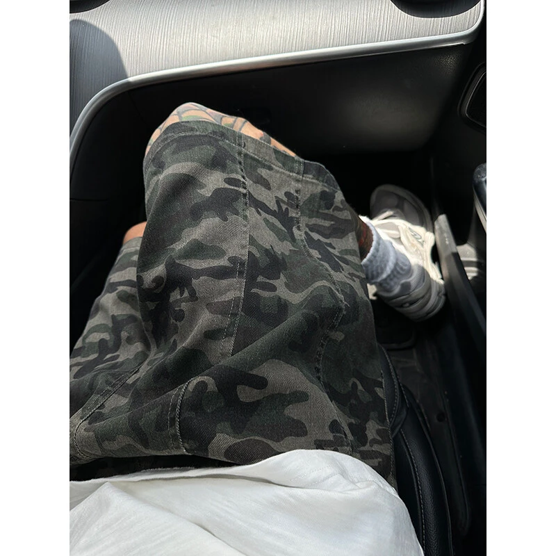 美式高街工装迷彩牛仔短裤男夏季潮牌宽松直筒阔腿休闲伐木五分裤