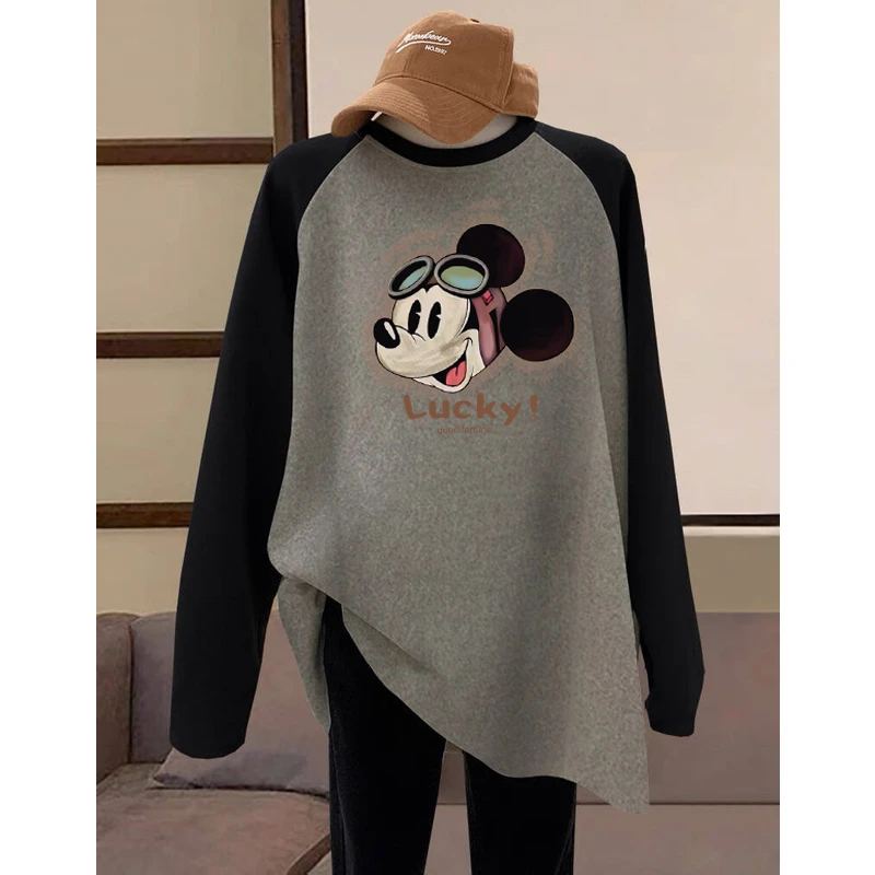 德绒磨毛保暖中长款遮屁股插肩拼接撞色长袖t恤女宽松打底衫秋冬