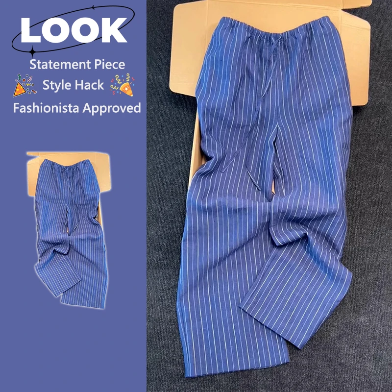 300斤加大码夏季高端爆款蓝色竖纹阔腿休闲裤男高腰显瘦垂感ins裤