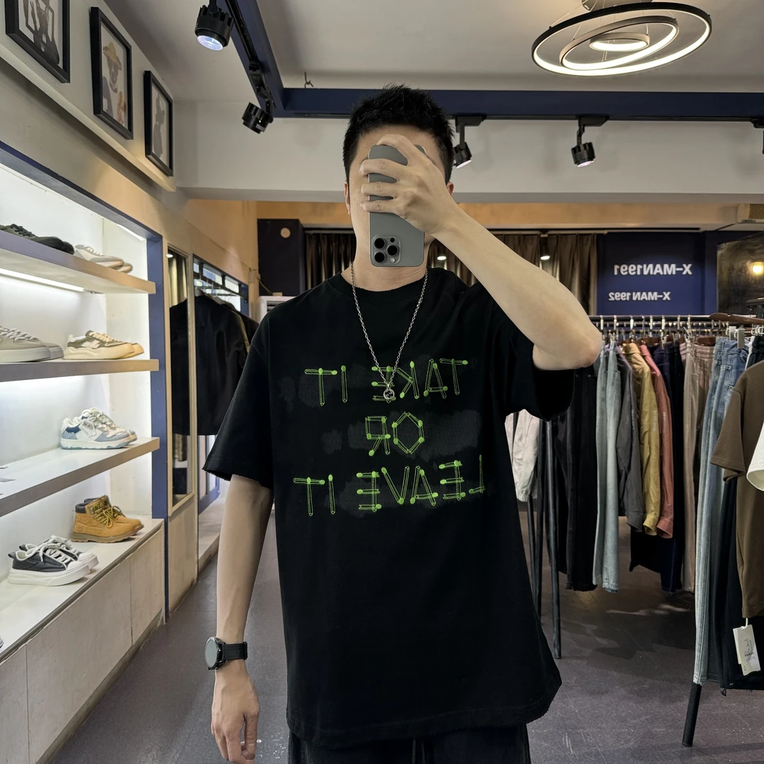 【刺绣火柴字母】夏季美式宽松纯棉透气精致新款刺绣潮男短袖T恤