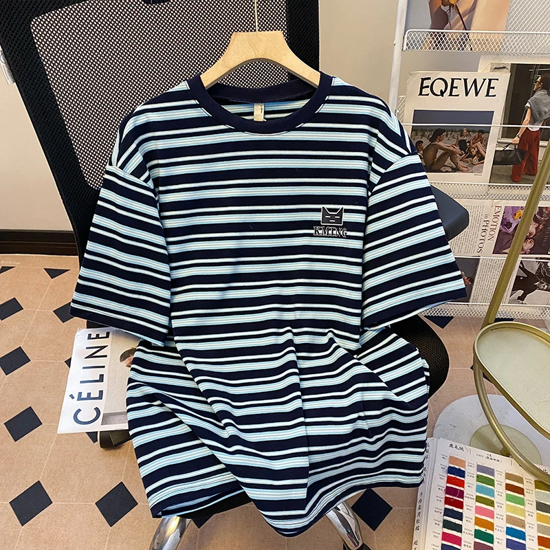 MTVO迈特优条纹纯棉绣花短袖t恤男生夏季新款薄款美式潮牌短袖T恤