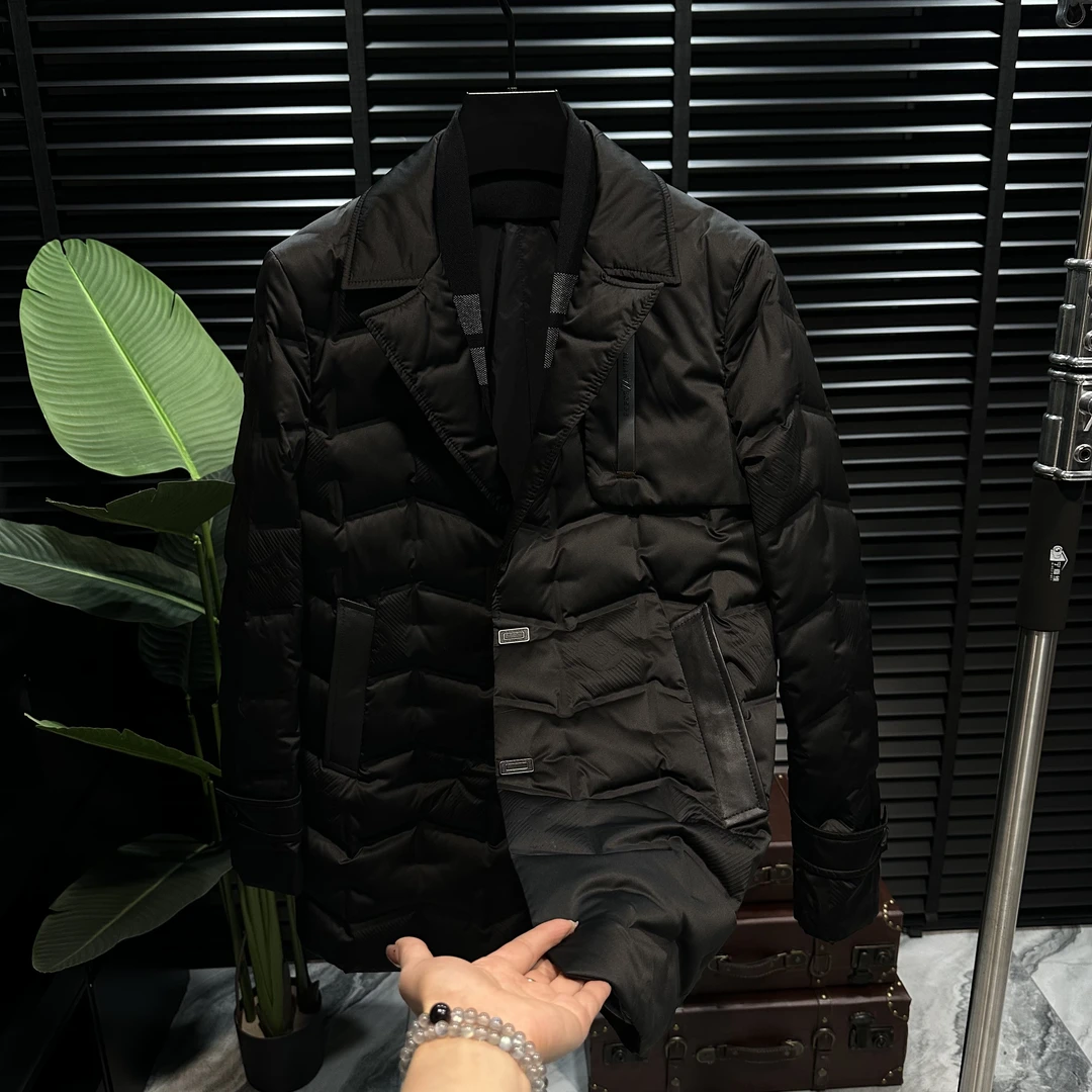 冬季高奢男士“白鹅绒”拼接简约围巾领一手长配绵羊皮羽绒服外套