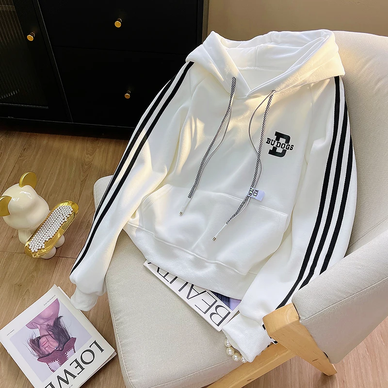 美式复古三条杠连帽卫衣女秋冬2026时尚小个子初中学生加绒外套潮