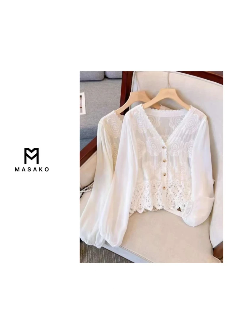 设计感立体花朵镂空长袖法式气质v领拼接雪纺衬衫单排扣开衫9855