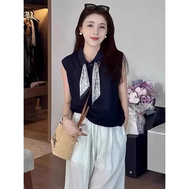 欧若风领结丝巾polo领背心女夏季新款超好看翻领百搭无袖针织上衣